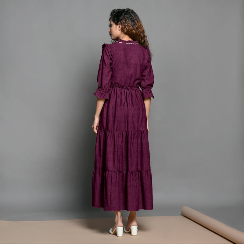 Magenta Hand-Beaded Handspun Cotton Boho Maxi Dress