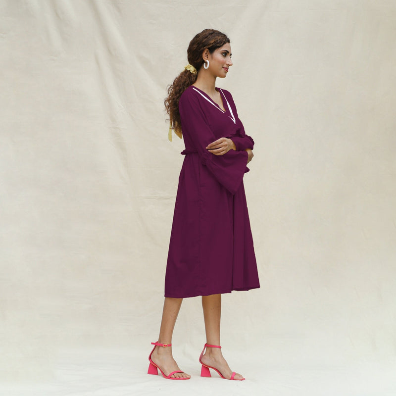 magenta midi dress with sleeves Magenta Ribbed Curved Hem Midi Dress