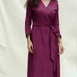 Magenta Handspun Cotton Drop Shoulder Midi Wrap Dress