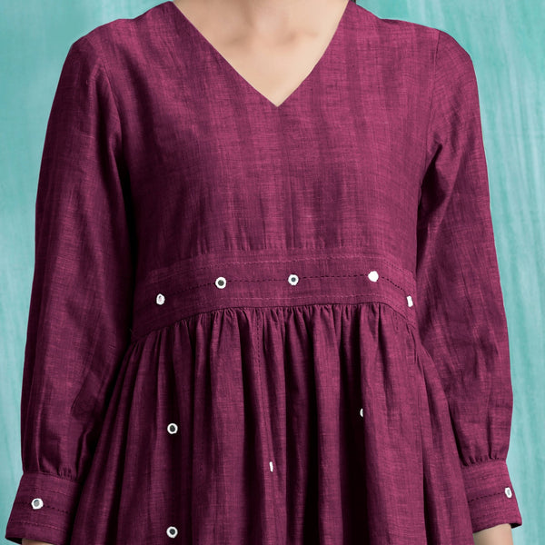 Magenta Handspun Cotton V-Neck Gathered Short Dress