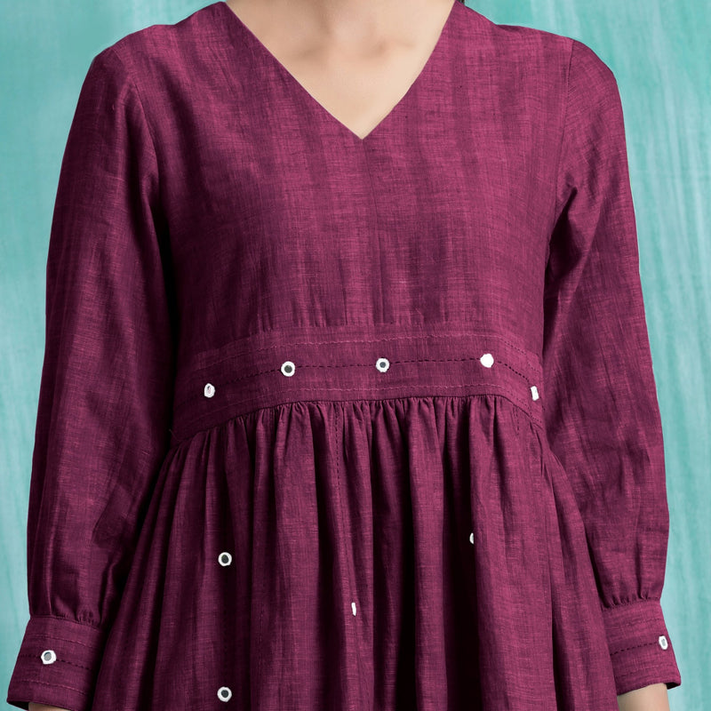 Magenta Handspun Cotton V-Neck Gathered Short Dress