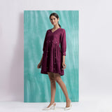 Magenta Handspun Cotton V-Neck Gathered Short Dress
