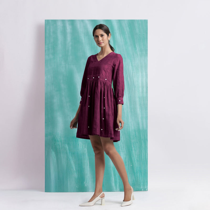 Magenta Handspun Cotton V-Neck Gathered Short Dress