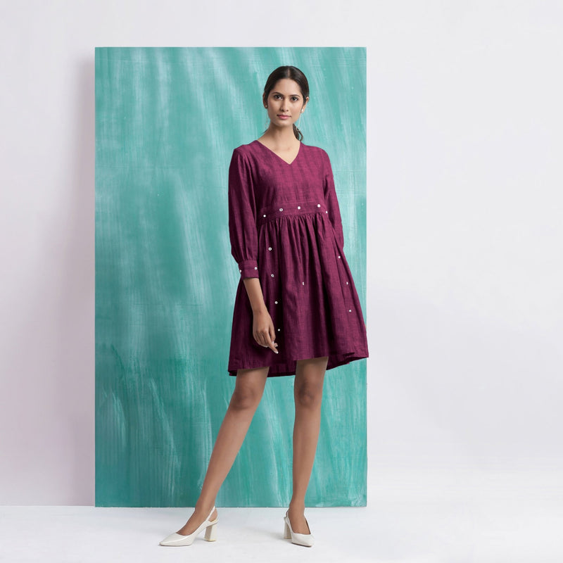 Magenta Handspun Cotton V-Neck Gathered Short Dress