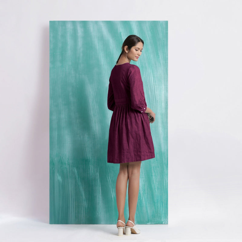 Magenta Handspun Cotton V-Neck Gathered Short Dress