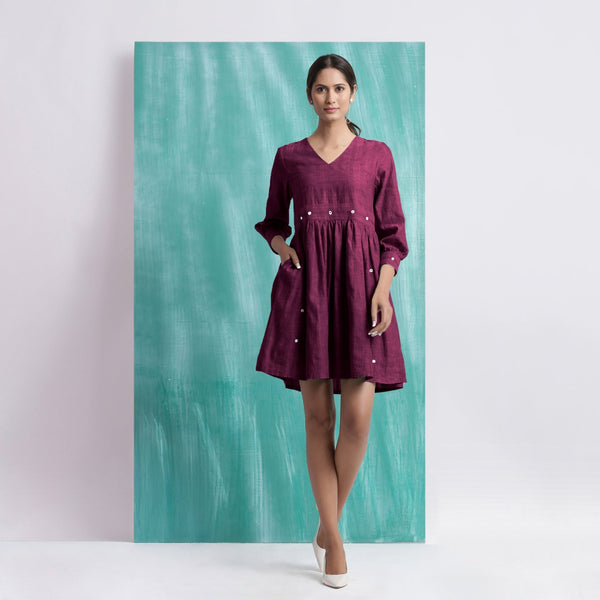 Magenta Handspun Cotton V-Neck Gathered Short Dress