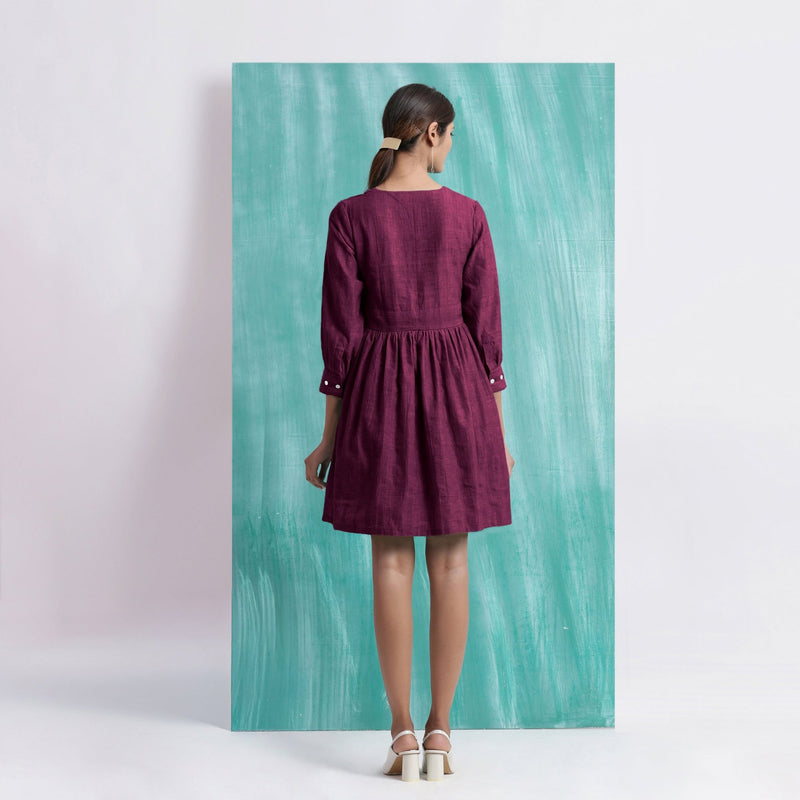 Magenta Handspun Cotton V-Neck Gathered Short Dress
