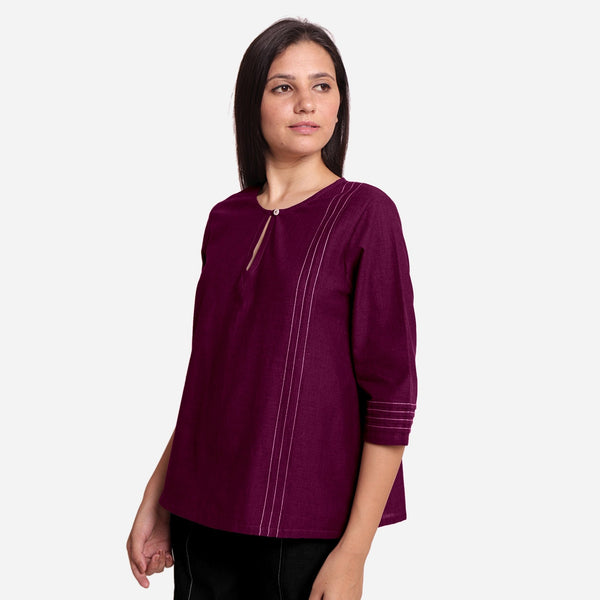 Magenta Handspun Yarn-Dyed Cotton Split Neck Top