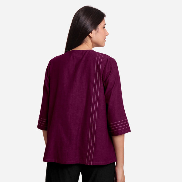 Magenta Handspun Yarn-Dyed Cotton Split Neck Top