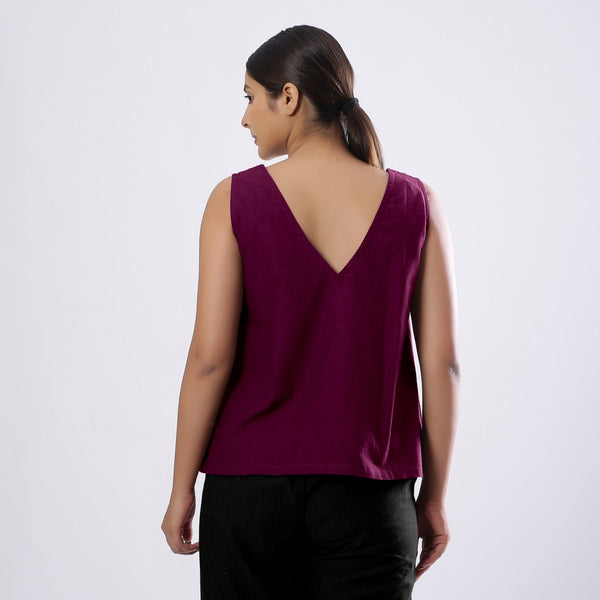 Magenta Handspun Yarn-Dyed Cotton V-Neck Top