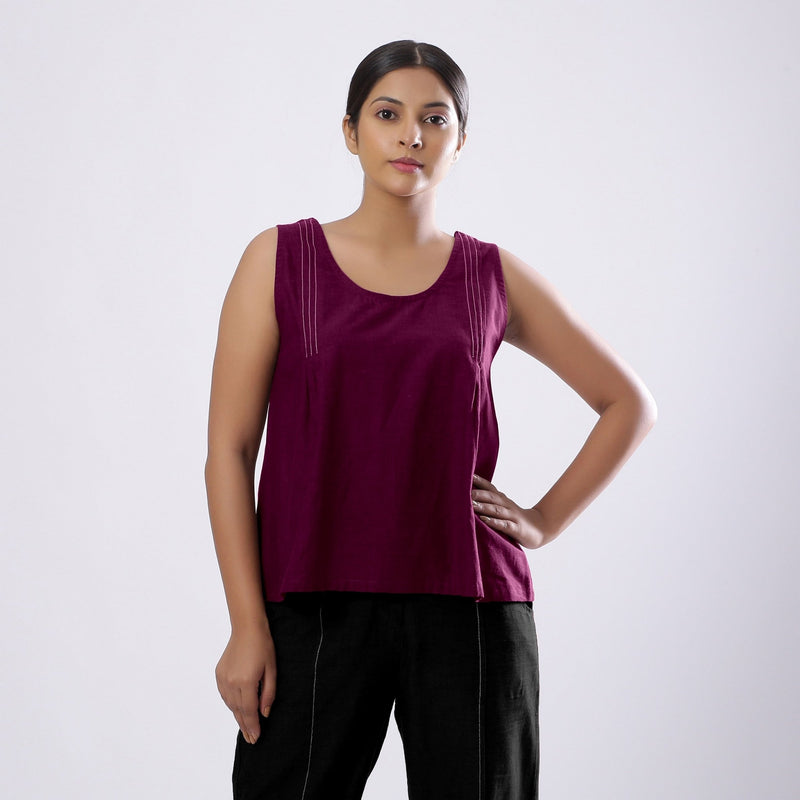 Magenta Handspun Yarn-Dyed Cotton V-Neck Top
