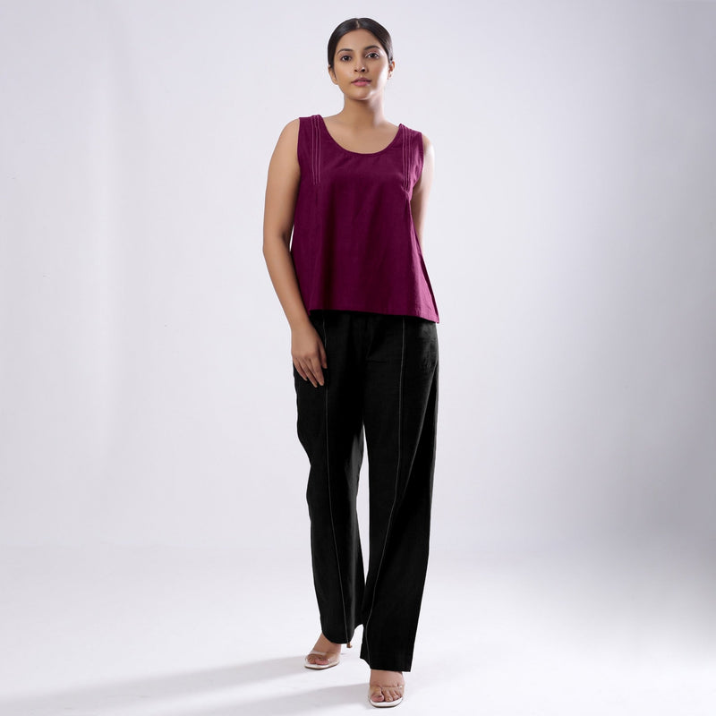 Magenta Handspun Yarn-Dyed Cotton V-Neck Top