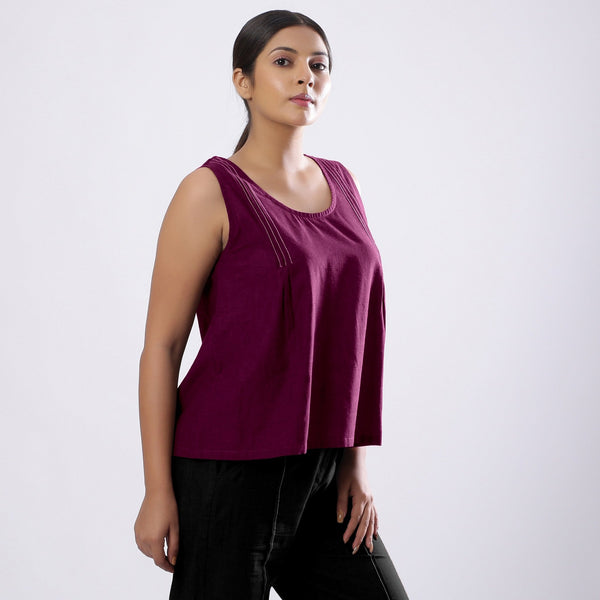 Magenta Handspun Yarn-Dyed Cotton V-Neck Top