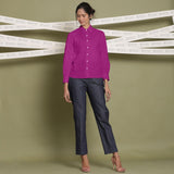 Front View of a Model wearing Magenta Linen Cuff Sleeves Button-Down Shirt