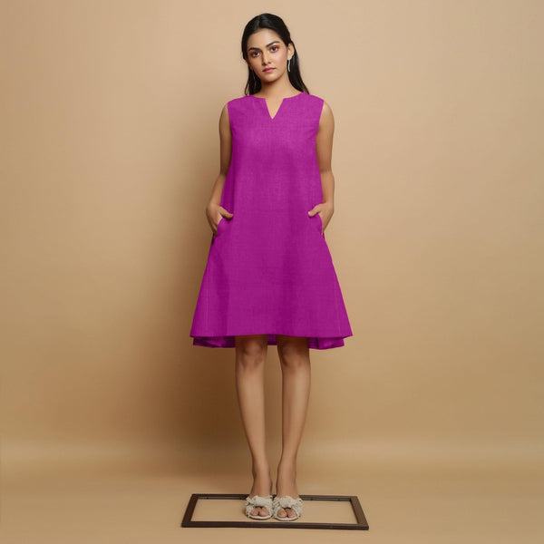 Front View of a Model wearing Magenta Linen Embroidered Knee-Length Godet Dress