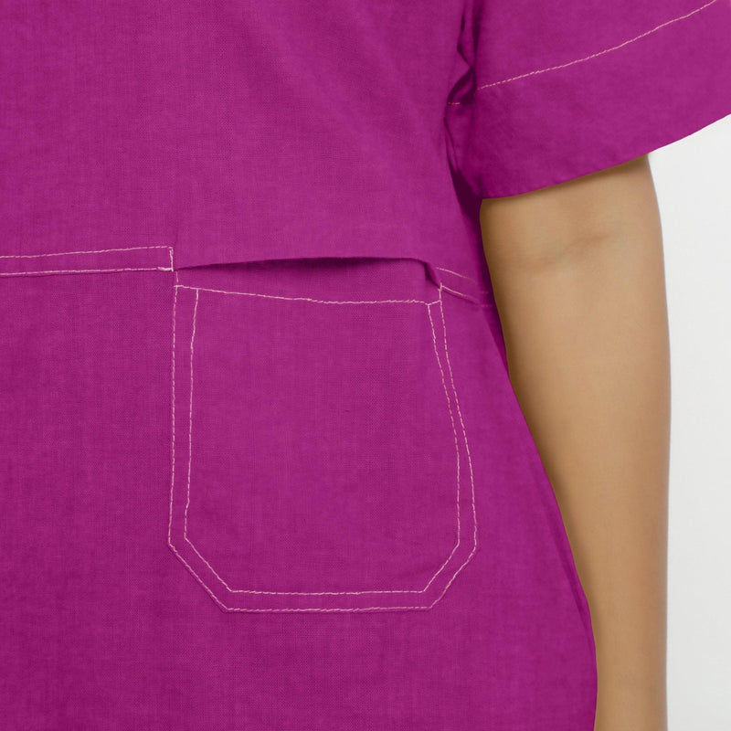 Front Detail of a Model wearing Magenta Linen Knee Length Shift Yoked Dress