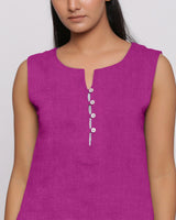 Front Detail of a Model wearing Magenta Linen Split Neck Button-Down Sleeveless Top