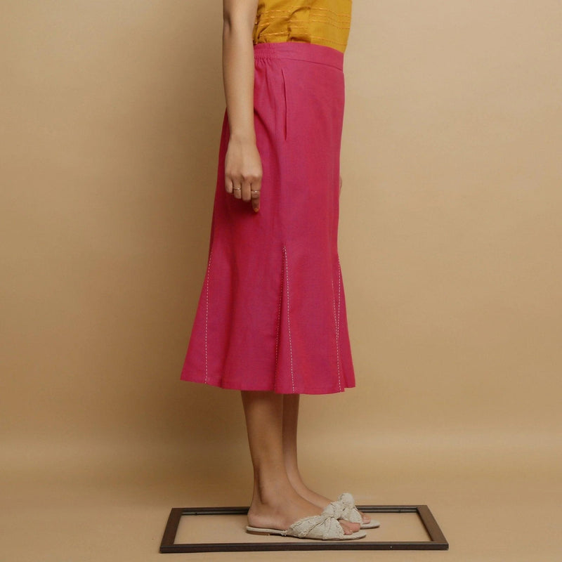 Right View of a Model wearing Magenta Mid Rise Mangalgiri Cotton Skirt