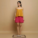 Front View of a Model wearing Magenta Mangalgiri Cotton Mid Rise Shorts