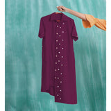 Magenta Mirror Work Cotton Knee Length Asymmetrical Dress