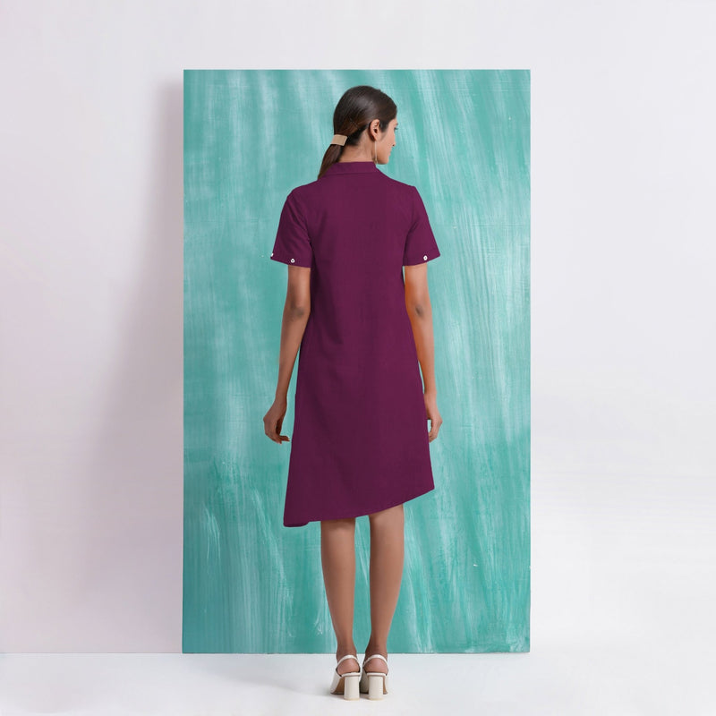 Magenta Mirror Work Cotton Knee Length Asymmetrical Dress