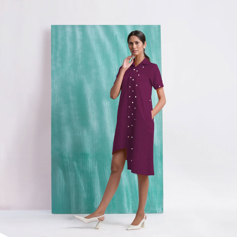 Magenta Mirror Work Cotton Knee Length Asymmetrical Dress