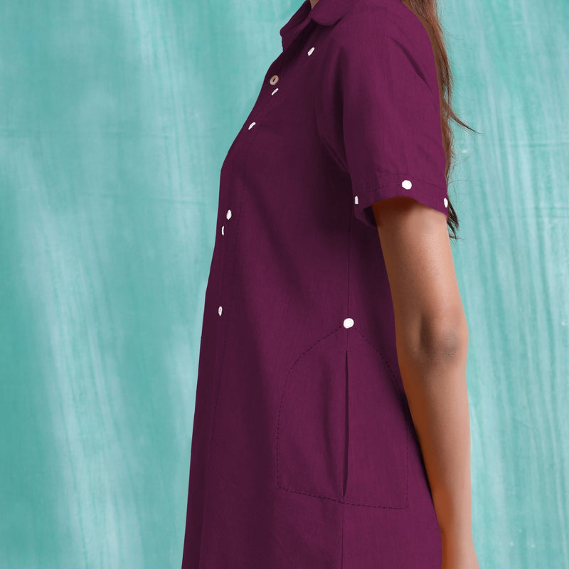 Magenta Mirror Work Cotton Knee Length Asymmetrical Dress
