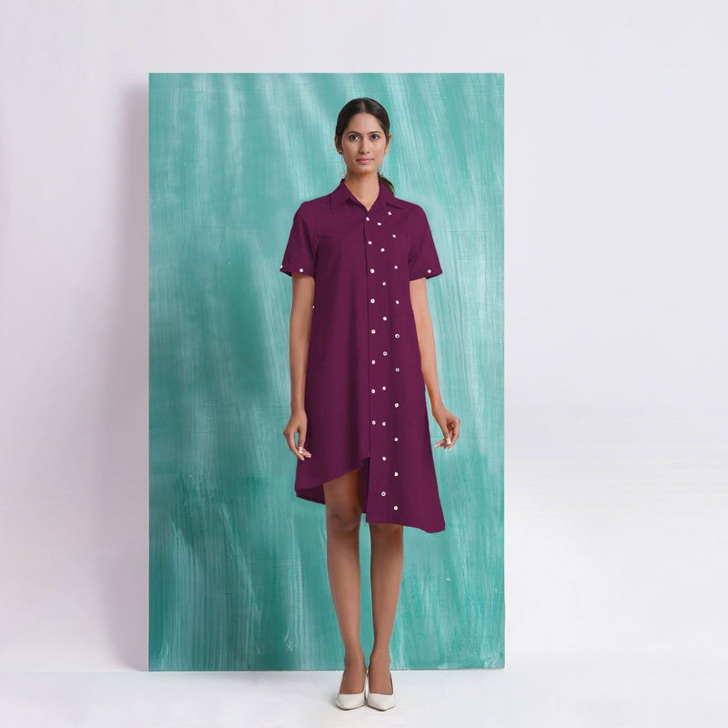 Magenta Mirror Work Cotton Knee Length Asymmetrical Dress