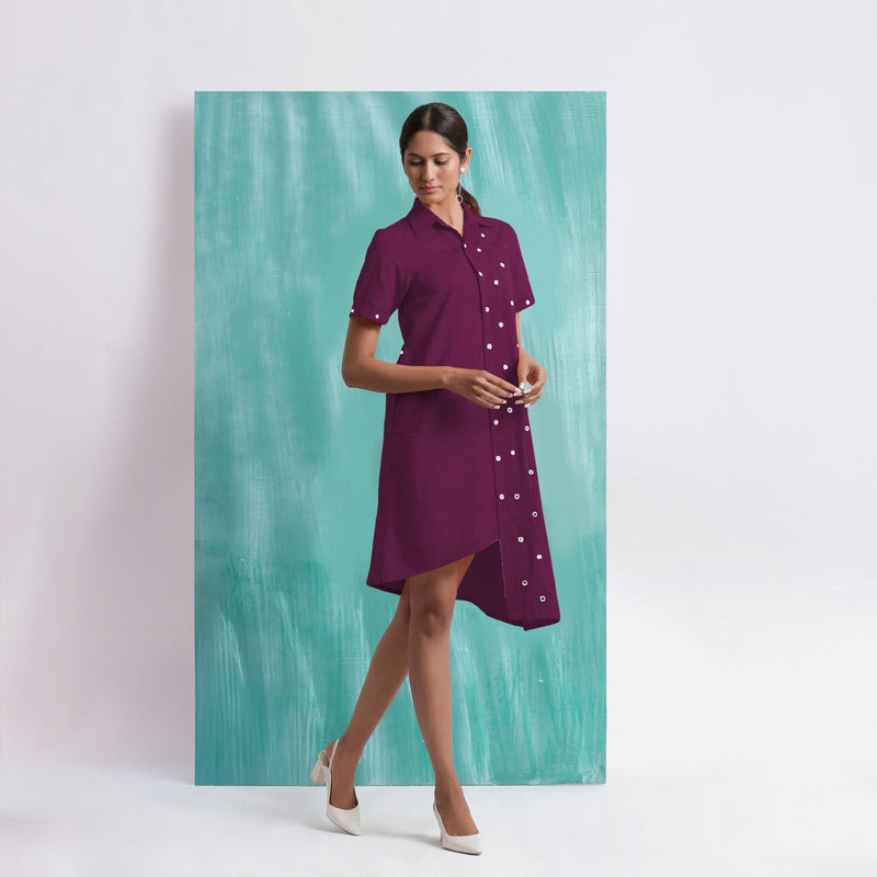 Magenta Mirror Work Cotton Knee Length Asymmetrical Dress