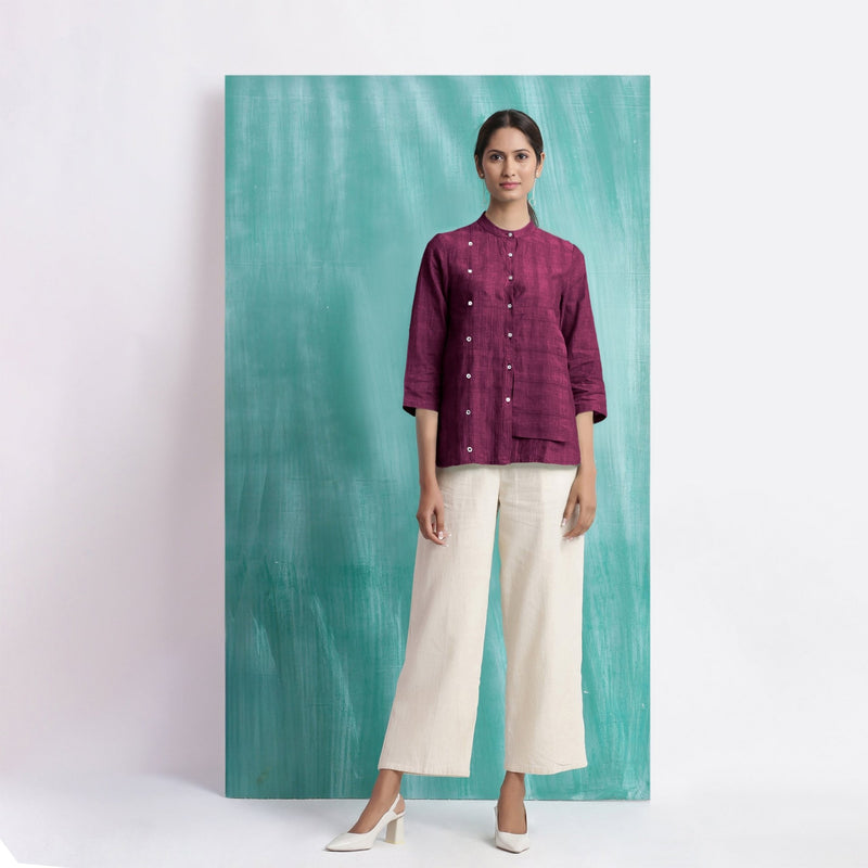 Magenta Mirror Work Cotton Mandarin Collar Top