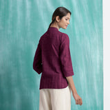 Magenta Mirror Work Cotton Mandarin Collar Top