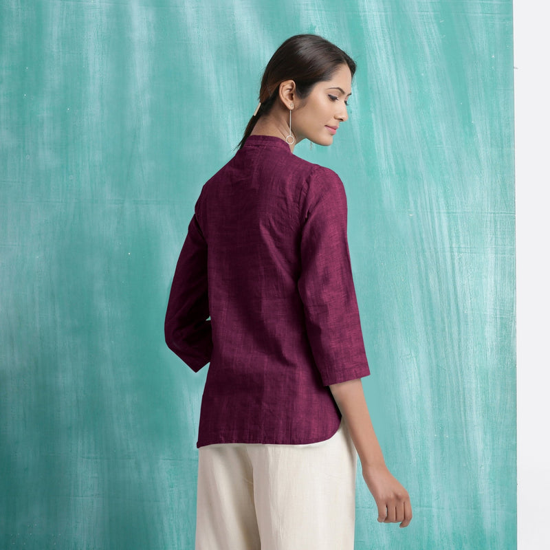 Magenta Mirror Work Cotton Mandarin Collar Top