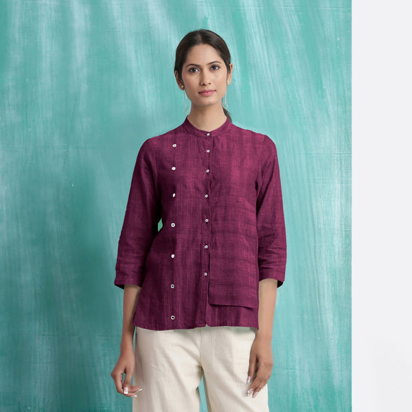 Magenta Mirror Work Cotton Mandarin Collar Top