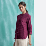 Magenta Mirror Work Cotton Mandarin Collar Top