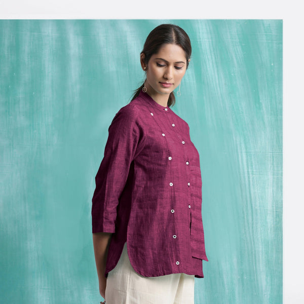 Magenta Mirror Work Cotton Mandarin Collar Top