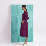 Magenta Mirror Work Embroidered Cotton Paneled Midi Dress