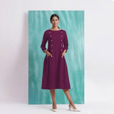 Magenta Mirror Work Embroidered Cotton Paneled Midi Dress