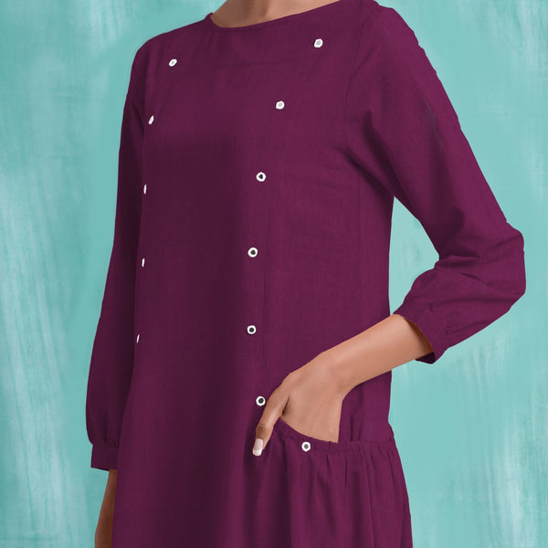 Magenta Mirror Work Embroidered Cotton Paneled Midi Dress