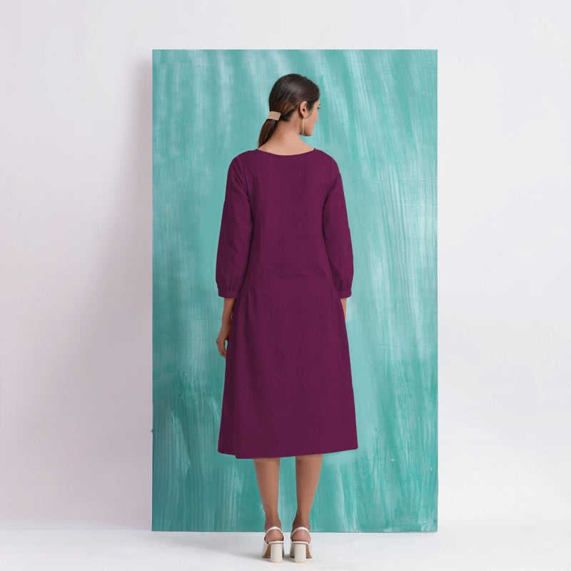 Magenta Mirror Work Embroidered Cotton Paneled Midi Dress