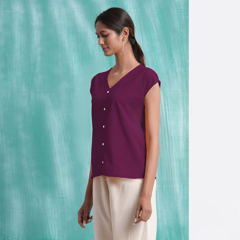 Magenta Mirror Work Yarn-Dyed Cotton Drop Shoulder Top