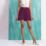 Magenta Mirror Work Yarn-Dyed Cotton Mid-Rise Elasticated Shorts