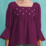 Magenta Mirror Work Yarn-Dyed Cotton Poet Sleeves Yoked Top
