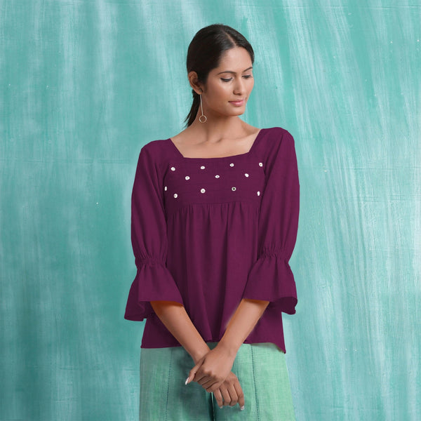 Magenta Mirror Work Yarn-Dyed Cotton Poet Sleeves Yoked Top