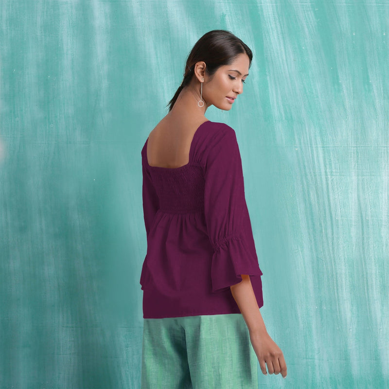 Magenta Mirror Work Yarn-Dyed Cotton Poet Sleeves Yoked Top