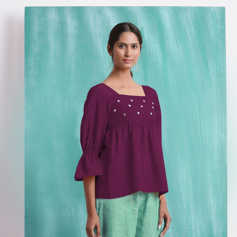 Magenta Mirror Work Yarn-Dyed Cotton Poet Sleeves Yoked Top