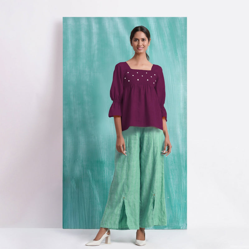 Magenta Mirror Work Yarn-Dyed Cotton Poet Sleeves Yoked Top