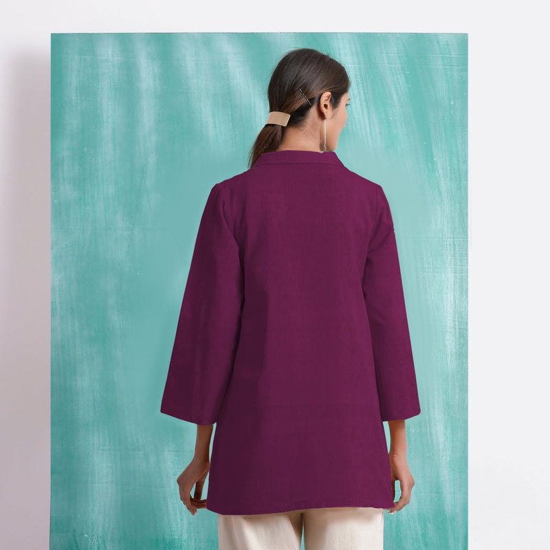 Magenta Mirror Work Yarn-Dyed Cotton Welt Pocket Coat