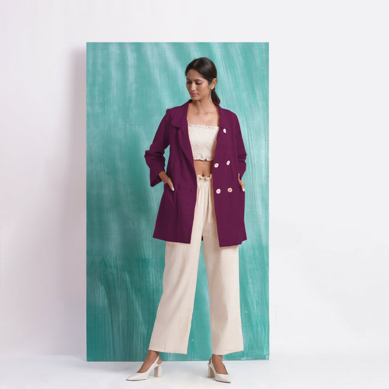 Magenta Mirror Work Yarn-Dyed Cotton Welt Pocket Coat