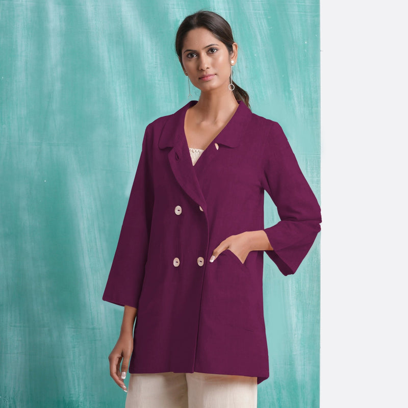 Magenta Mirror Work Yarn-Dyed Cotton Welt Pocket Coat