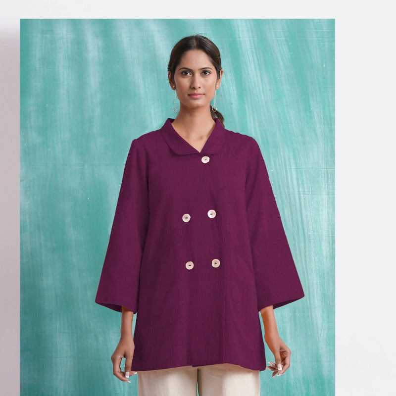 Magenta Mirror Work Yarn-Dyed Cotton Welt Pocket Coat